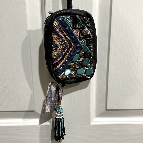 Ecote Beaded & Embroidered Faux Black Leather Crossbody Bag - NWT - Picture 1 of 9